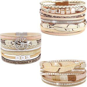 Leather Cuff Bracelet Set Multilayer Wrap Crystal Feather Jewelry for Women